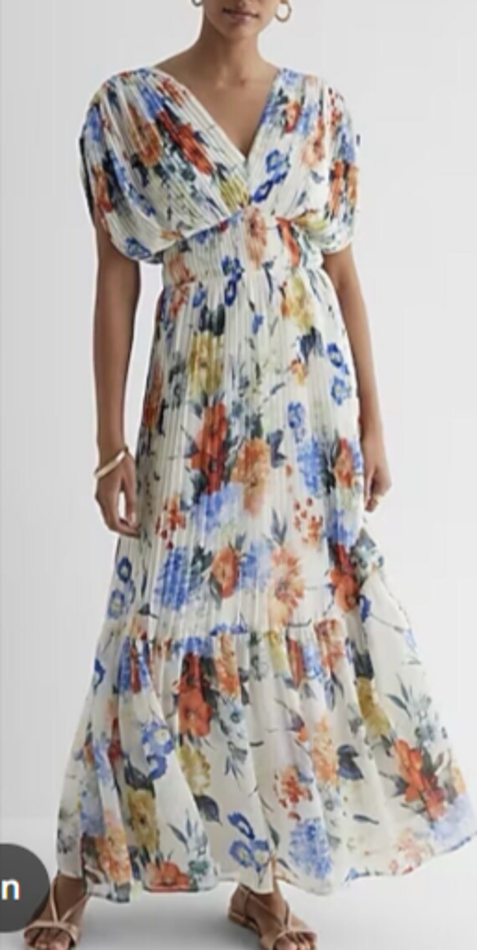 Express Floral Draped Sleeve Pleated Maxi Dress V-Neck Boho Chiffon Size XS 0-4 - Picture 1 of 6